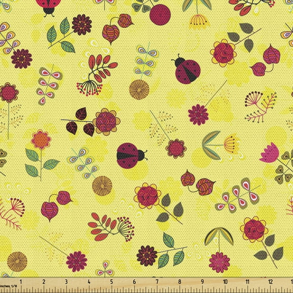 Ambesonne Spring Fabric by the Yard Upholstery, Ladybugs Flowers, 2 Yards, Yellow Multicolor