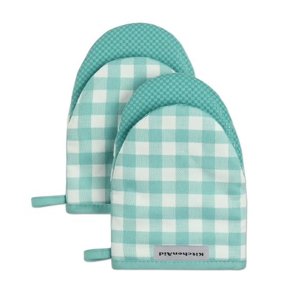 KitchenAid Gingham Mini Oven Mitt 2-Pack Set, Aqua Sky, 5.5"x8"