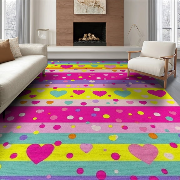 ODIKA 8'x10' Washable Area Rug Non-Shedding, Easy Care, Large Confetti Pink Dots Whimsical Borders Ombre Gradient Watercolor for King Size Bedroom Under Bed, Master Suite