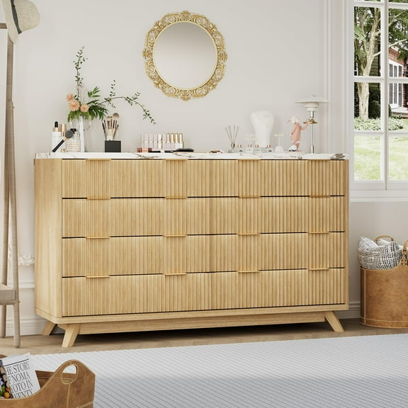 Modern 8-Drawer Dresser with Fluted & Curved Design, 54" Wide Wood Storage Cabinet for Bedroom, Living Room, or Hallway