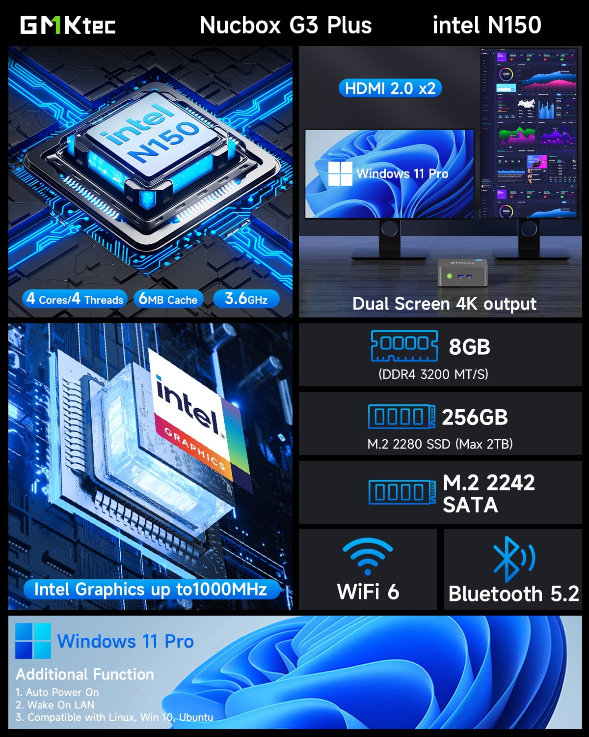 GMKtec Mini PC, 8GB RAM 256GB SSD, Intel N150 (up to 3.6GHz), Windows 11 Pro Desktop Computer , Dual HDMI 2.0, 4x USB3.2, WiFi 6/BT5.2, Nucbox G3 Plus