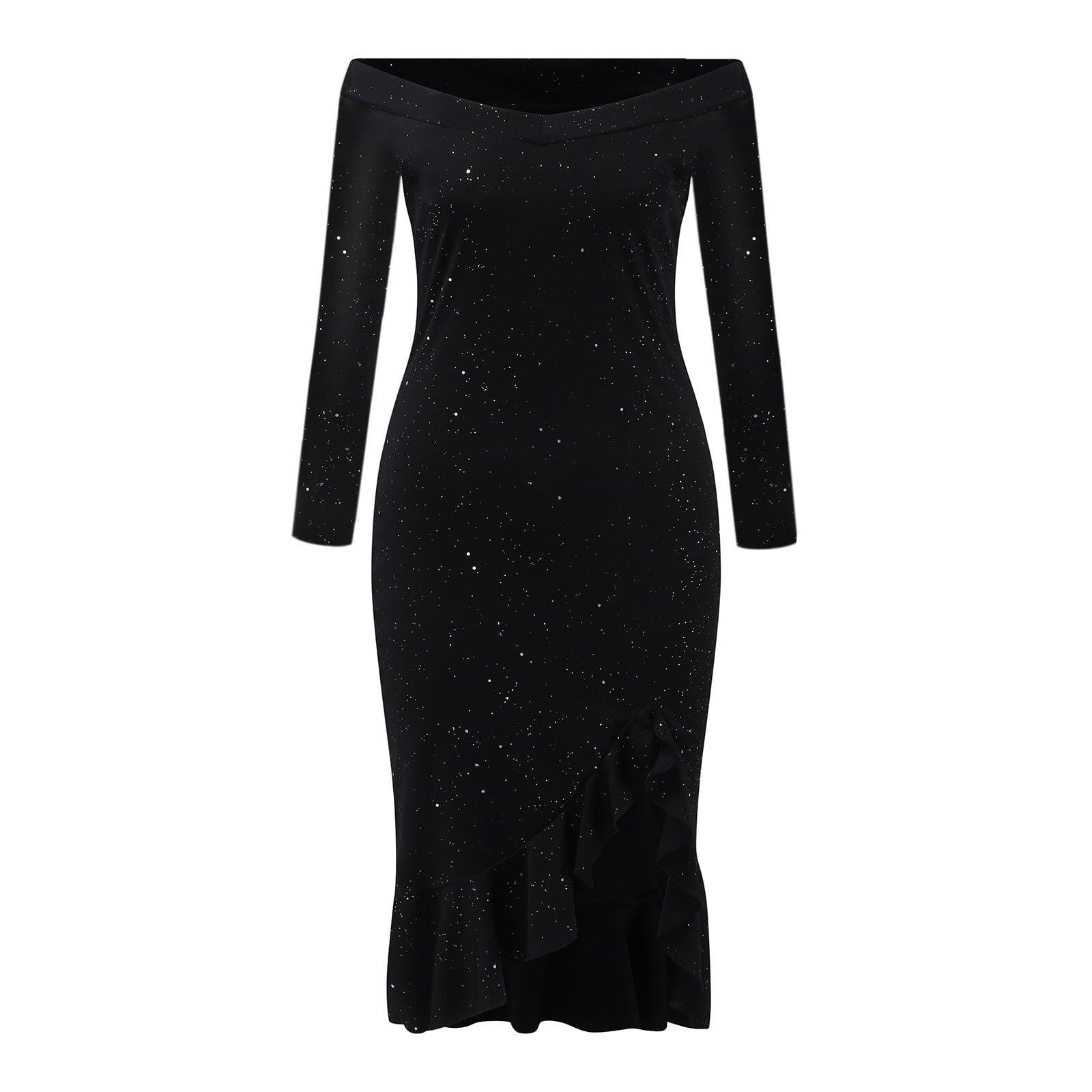 Fatuov Cocktail Dress for Women Elegant Sexy Wedding Guest Dress,Trendy Ruched Slit Irregular Party Dress Black XL