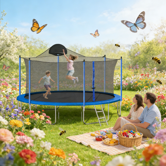 Toauuo 14FT Trampoline for Adults & Kids - Outdoor Trampoline with Basketball Hoop, Safety Enclosure Net & Ladder