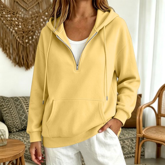 Quarter Zip Sweatshirt Women Half Zipper Workout Oversized Hoodies with Pocket Lightweight Y2K Pullover 2026 Tops Yellow L