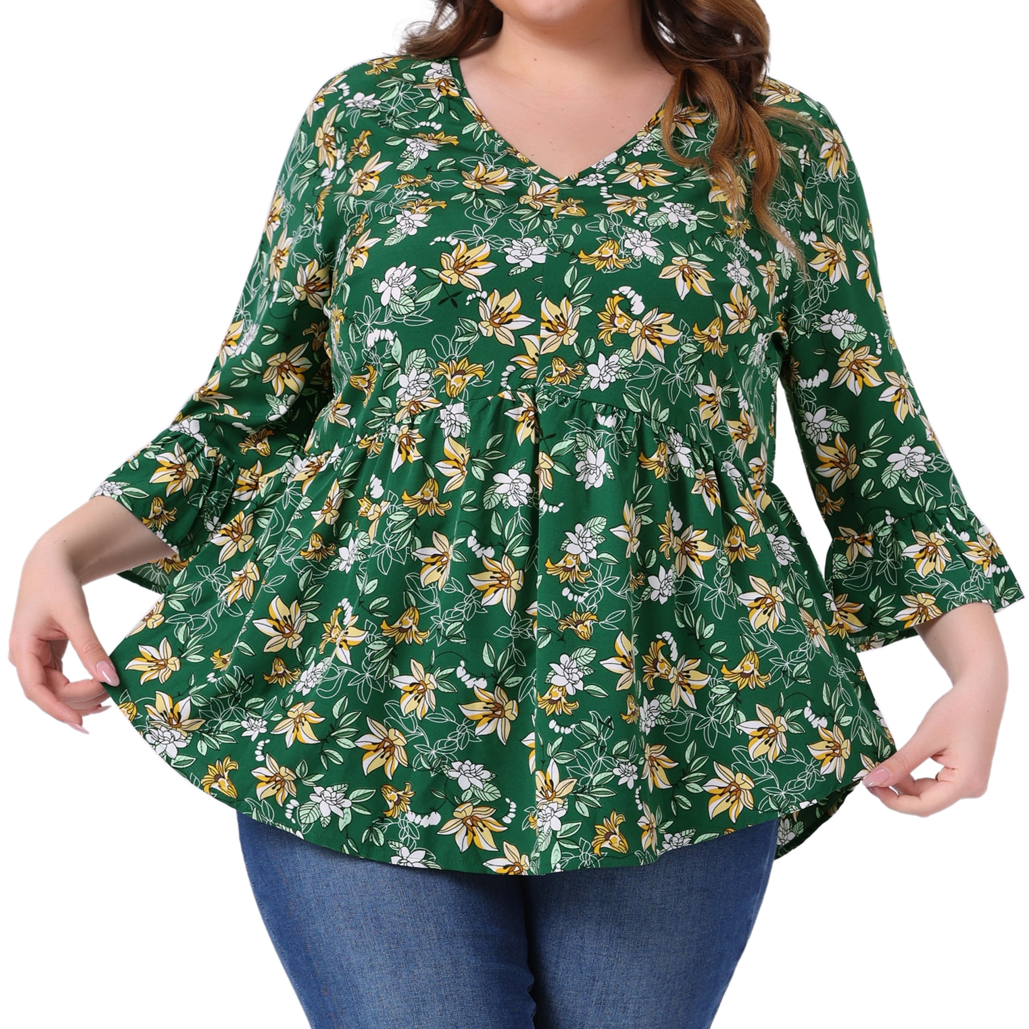 Women's Plus Floral Blouses V Neck Ruffle 3/4 Sleeve Babydoll Peplum Tops 2X Green