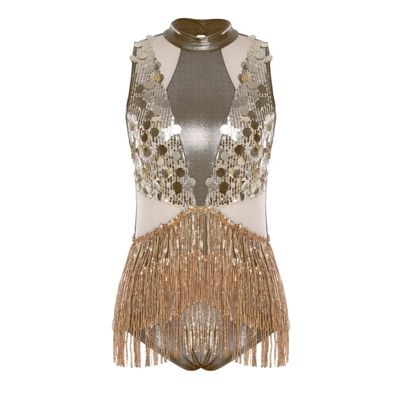 SiiRoh Women Latin Jazz Dance Leotard Mock Neck Sleeveless Shiny Sequin Fringe Dancing Bodysuit Dress Gold XXL
