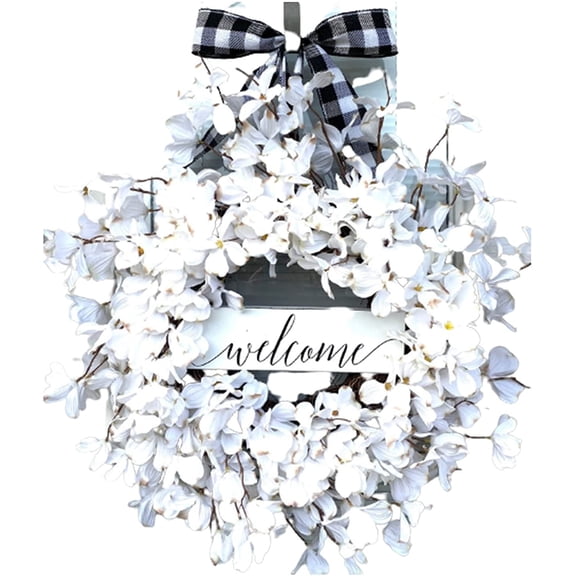 17" White Wreath for Front Door Dogwoods Spring Easter Wreath Hanging Welcome Sign Artificial Flower Wall Decoration for Spring Easter Wedding Party