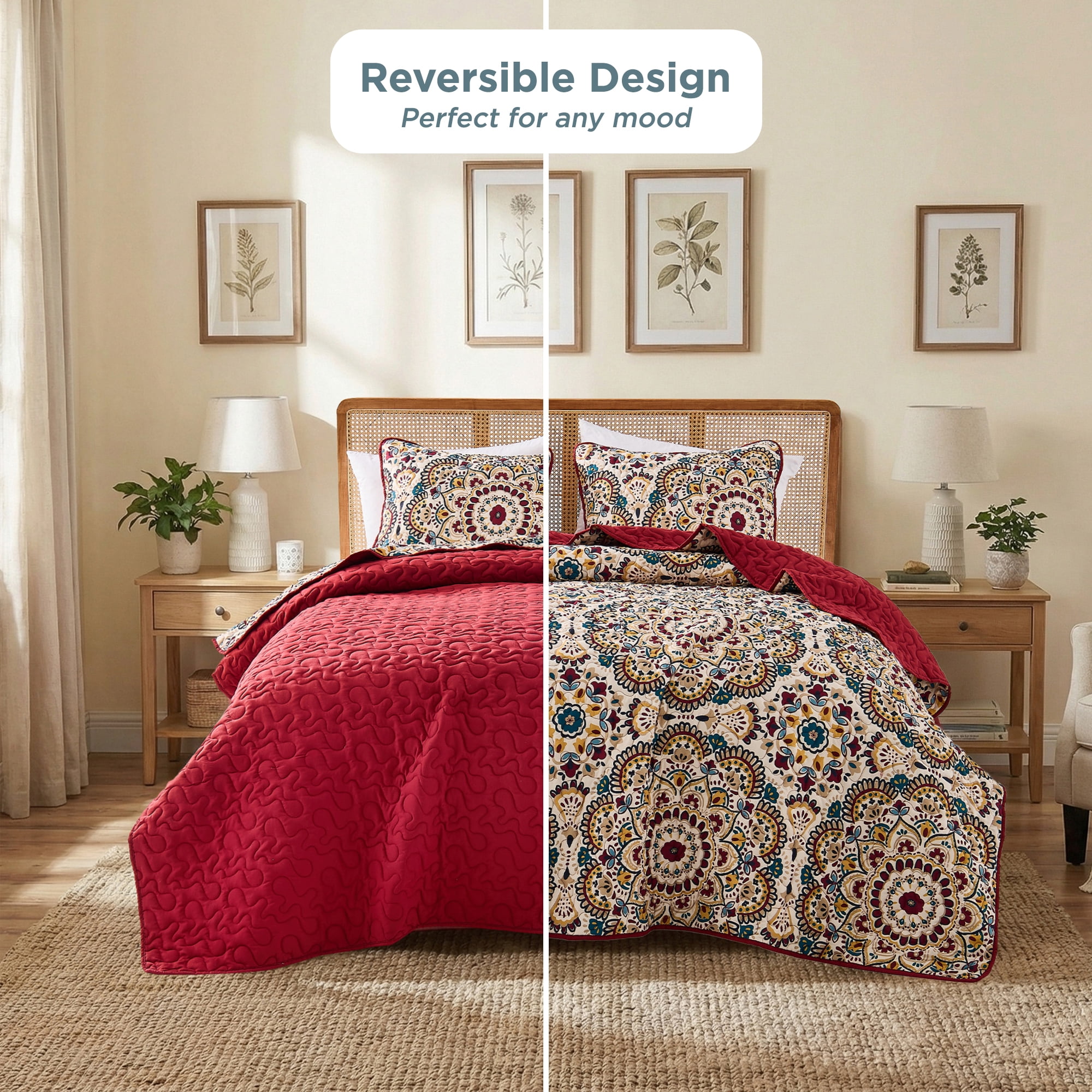 Regency Heights Twin/Twin Quilt Set, 3-Piece Reversible Bedspread Coverlet Set, Red Quilted Bedding Set with Shams for All Season
