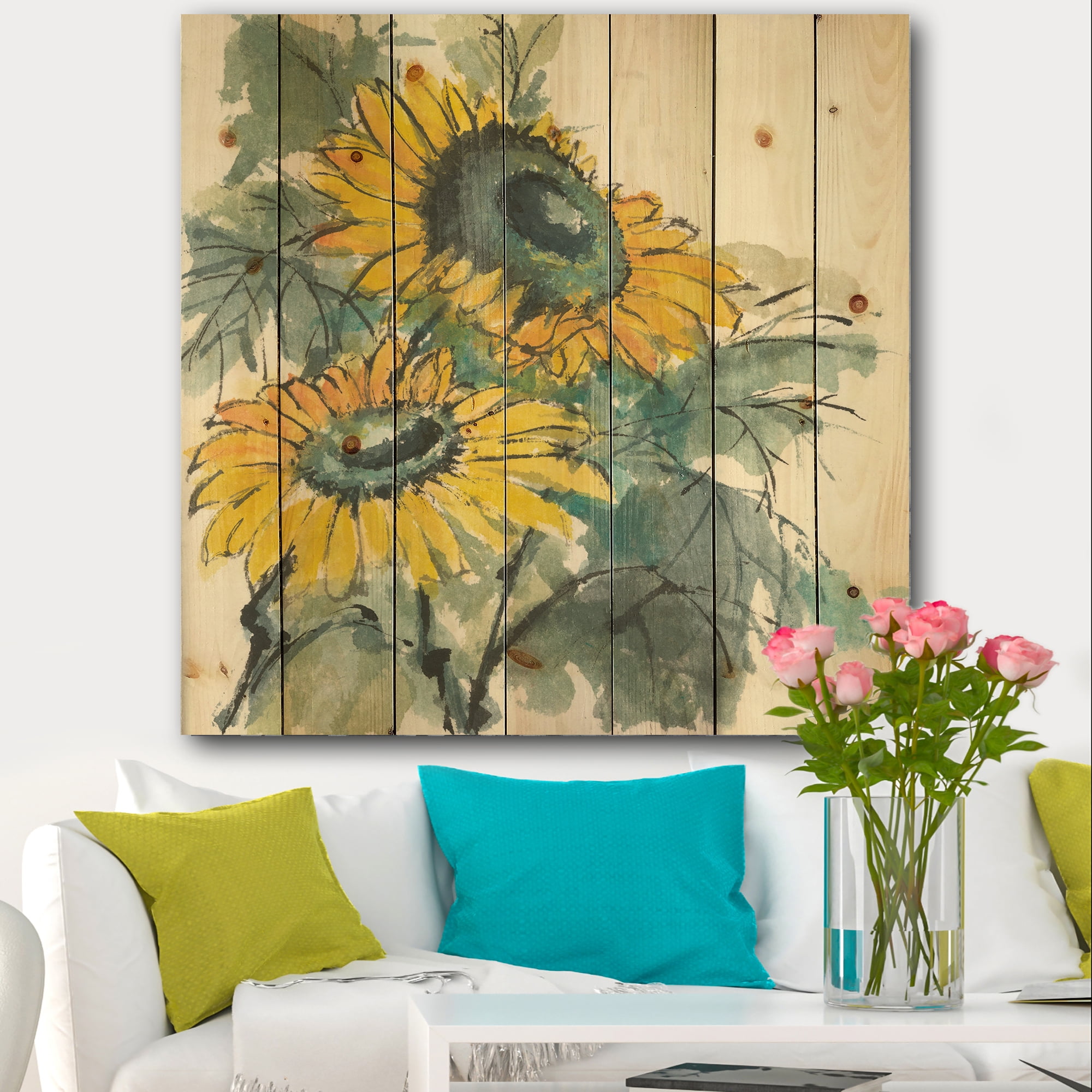 Designart Traditional Sunflower I Cabin & Lodge Print on Natural Pine Wood Art Print, 46" x 46"