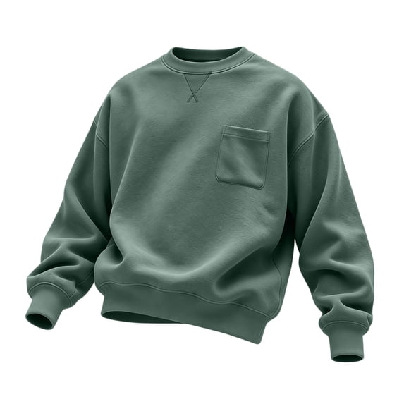 qafoshin Men Solid Crewneck Basic Sweatshirt, Trendy Fall Long Sleeve X-Stitch Neck Casual Pullover Tops with Chest Patch Pocket