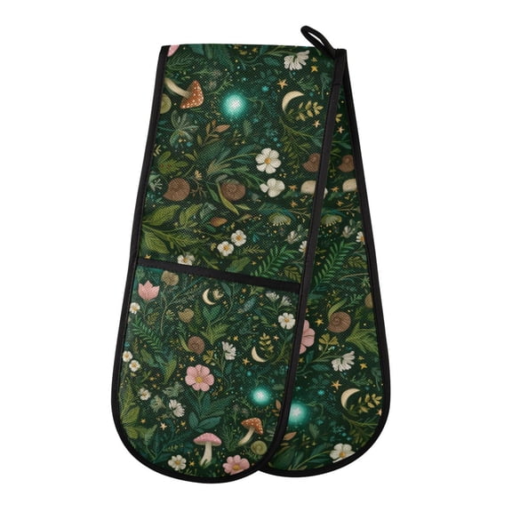 Yayeee Double Oven Mitt Kitchen Heat Resistant Baking 35" x7" Quilted Cotton Glove, Green Forest Pattern