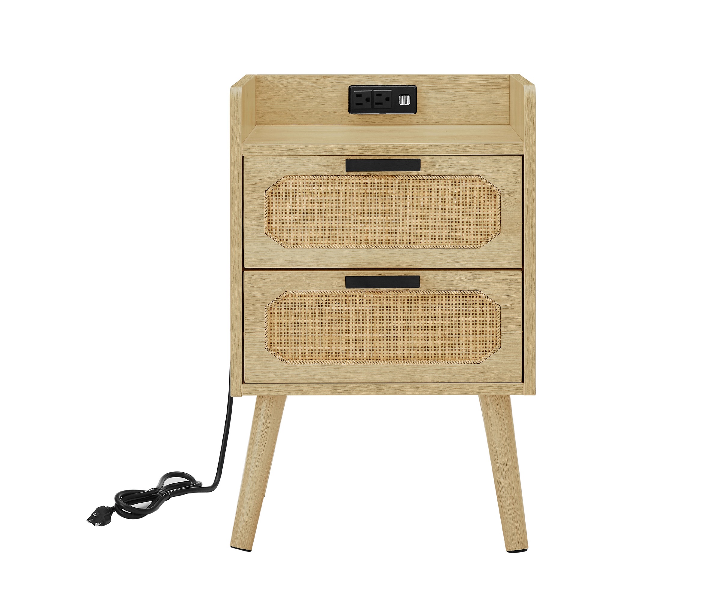 ZZZQ Rattan Nightstand with Socket, Natural Handmade Rattan Side Table