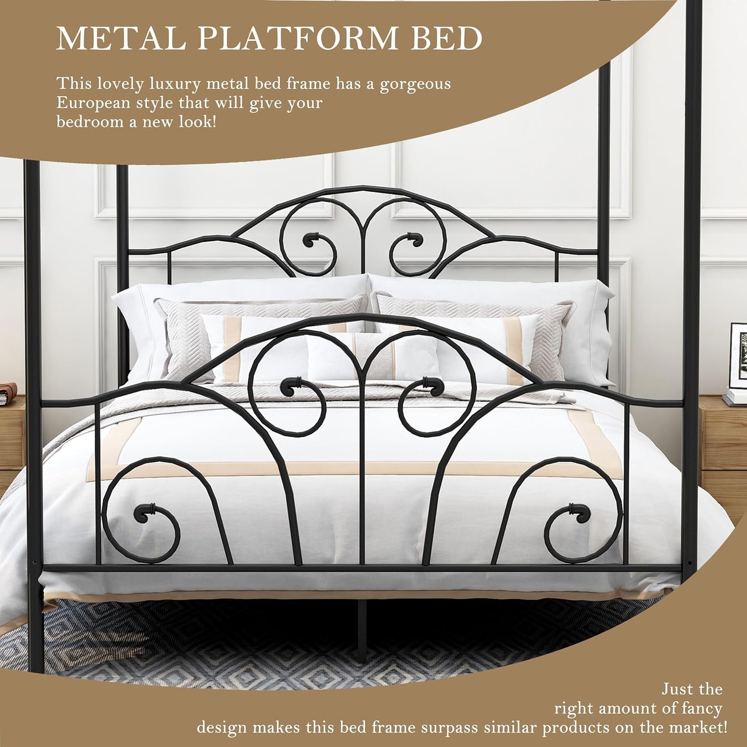 AUFANK Vintage Four Post Metal Canopy Bed Frame, Queen Size, Black