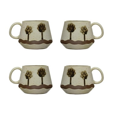 Creative Co-Op Stoneware Mug with Painted Trees, Set of 4, Multicolor