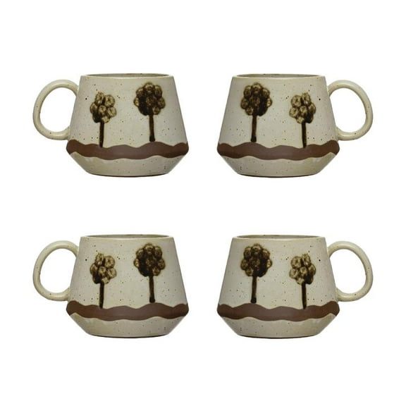 Creative Co-Op Stoneware Mug with Painted Trees, Set of 4, Multicolor