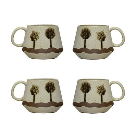 Creative Co-Op Stoneware Mug with Painted Trees, Set of 4, Multicolor