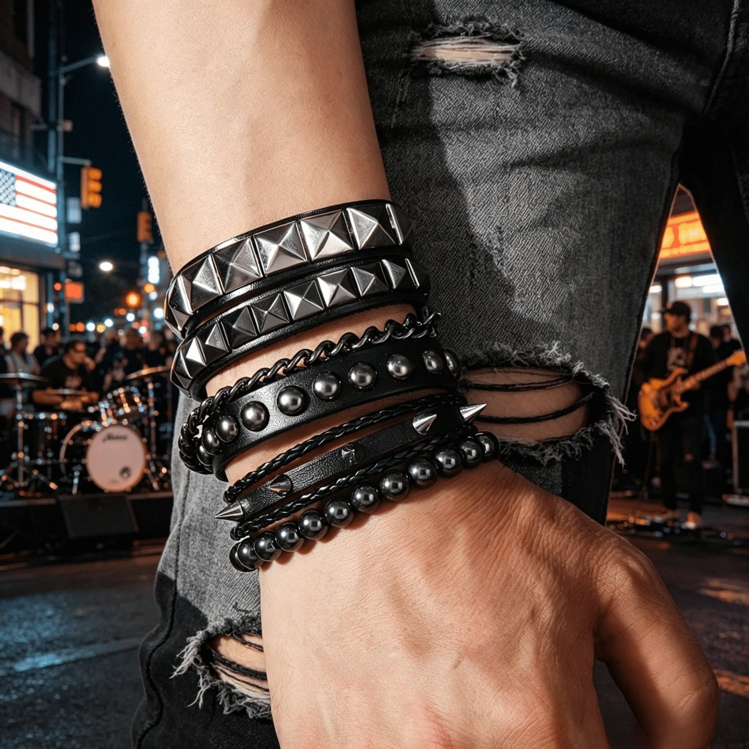 4 Pcs Punk Rock Leather Studded Bracelets for Men Women 80s Gothic