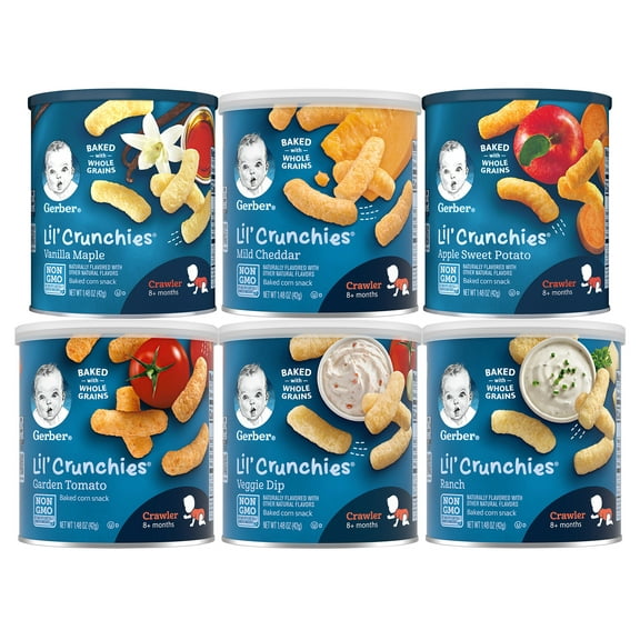 Gerber Lil' Crunchies Variety Pack, 1 Cheddar, 1 Veggie, 1 Tomato, 1 Ranch, 1 Maple, 1 Apple & Sweet Potato, 6 CT