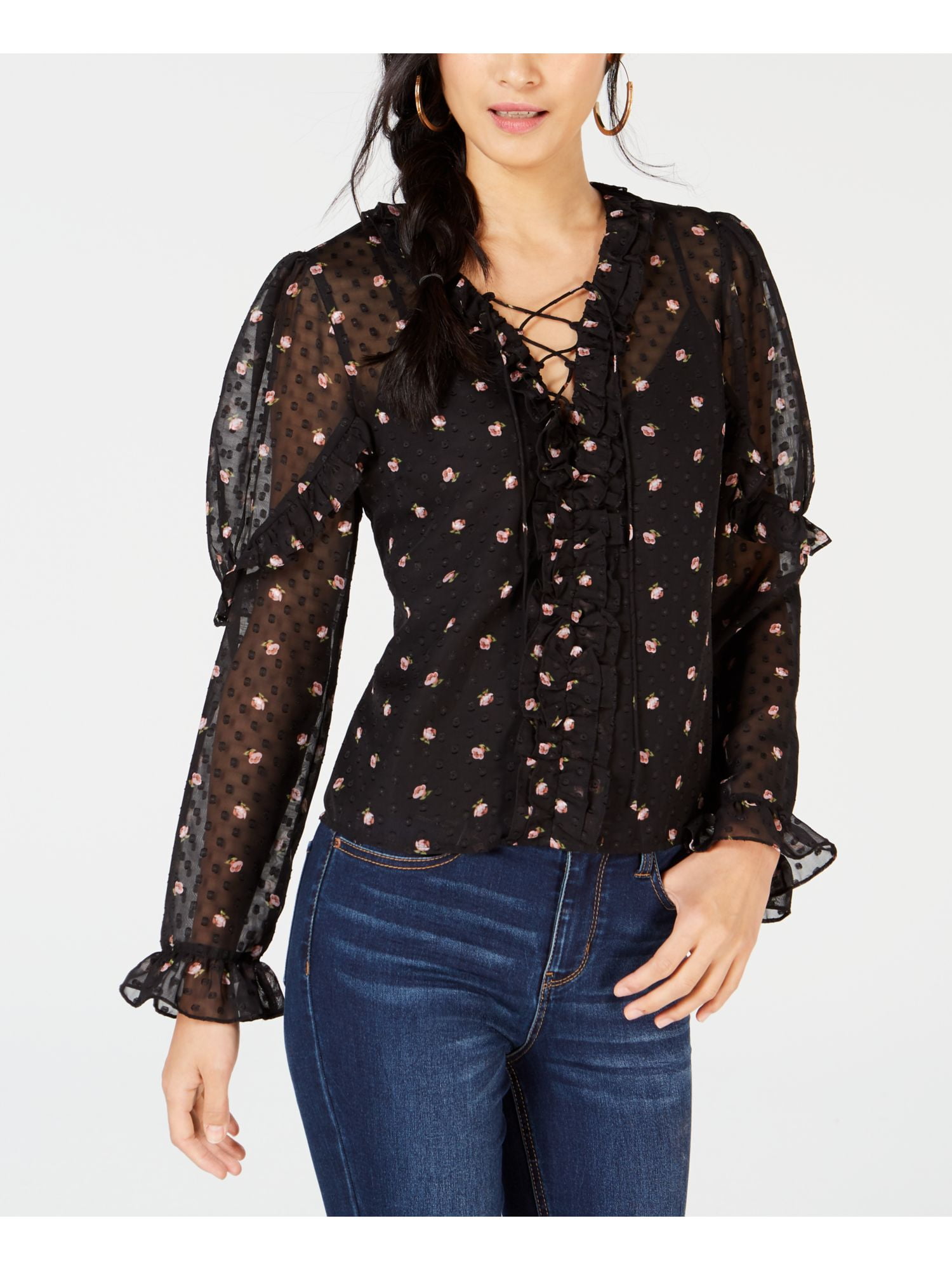 Leyden LEYDEN Womens Black Sheer Sleeve Chiffon Floral Print Long