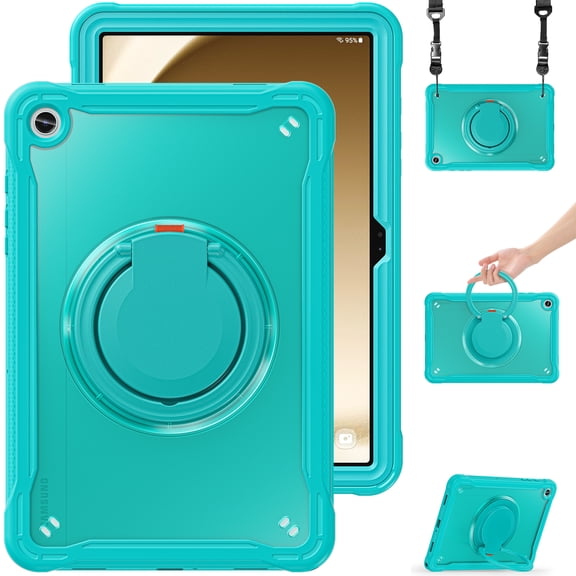 Allytechgroup Rugged Case for Samsung Galaxy Tab A9 8.7" 2023 SM-X110, with Shoulder Strap Rotating Kickstand PC TPU Heavy Duty Shockproof Back Cover Case for Galaxy Tab A9 8.7", Blue
