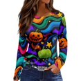 thumbnail image 2 of Yuaguia Women Halloween Pumpkin Star Print Long Sleeve T-Shirt, Spooky Side Split Crewneck Casual Autumn Fall Top for Daily Wear, Work, and Holiday Parties, Multicolor 3XL, 2 of 6