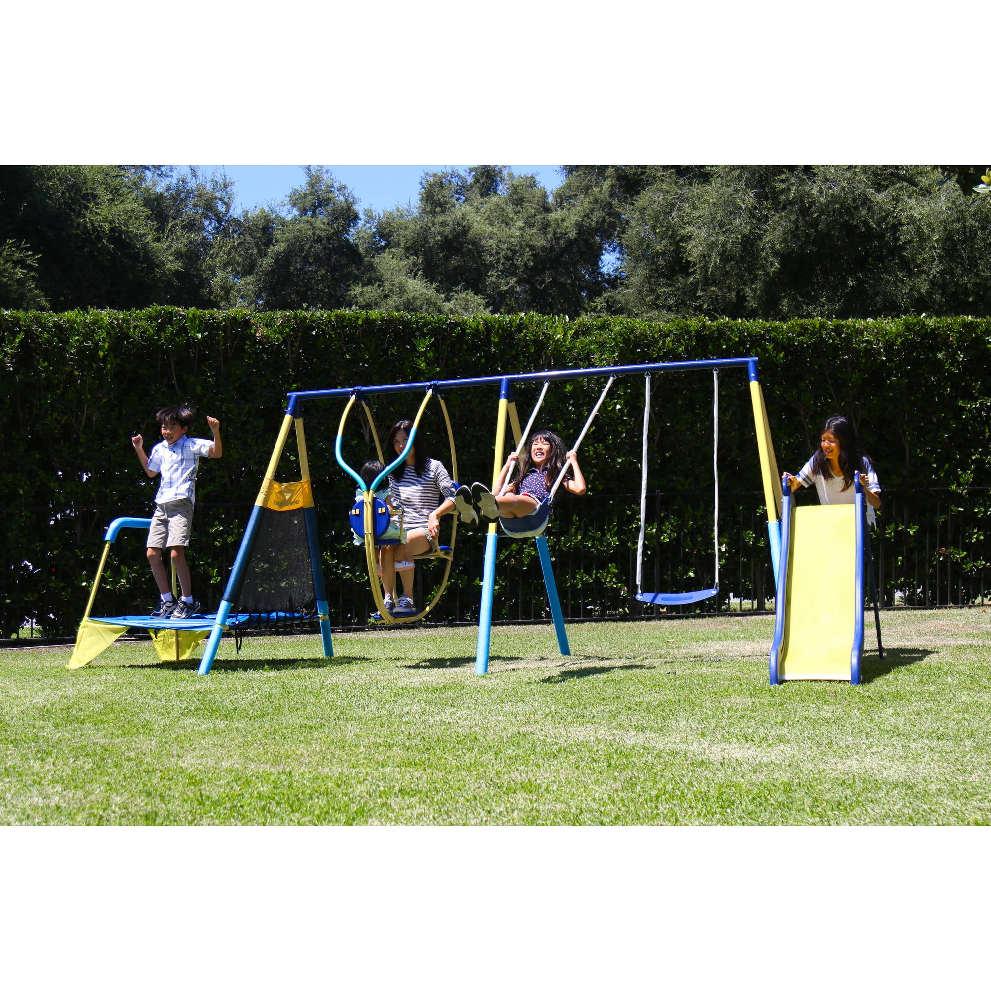 swing set with slide and trampoline