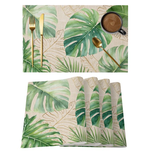 Green Monstera Leaves Placemats Set of 2 Rustic Summer Tropical Botanical Heat Insulation Washable Place Mats, Non-Slip Table Mats for Dining Table Party Kitchen Decor, 13x19 Inch