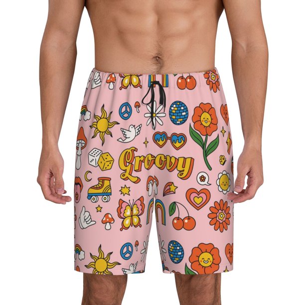 Balery Retro 70s Hippie Pantalones cortos de pijama de punto de algodón para hombre con cinturilla y bolsillos-4X-Large