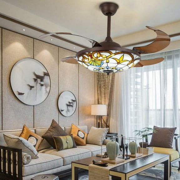 42" Tiffany Ceiling Fan LED Light Chandelier Fan w/ Remote Retractable Blades