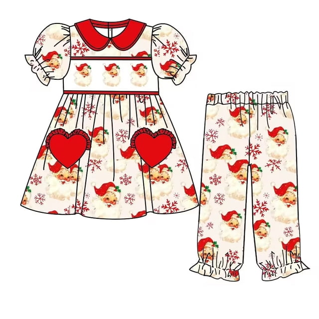 Ropa de estilo navideño para niñas, conjunto de serie con patrón de Papá Noel, conjunto de manga corta, conjunto de manga larga, mono, tela de seda de leche