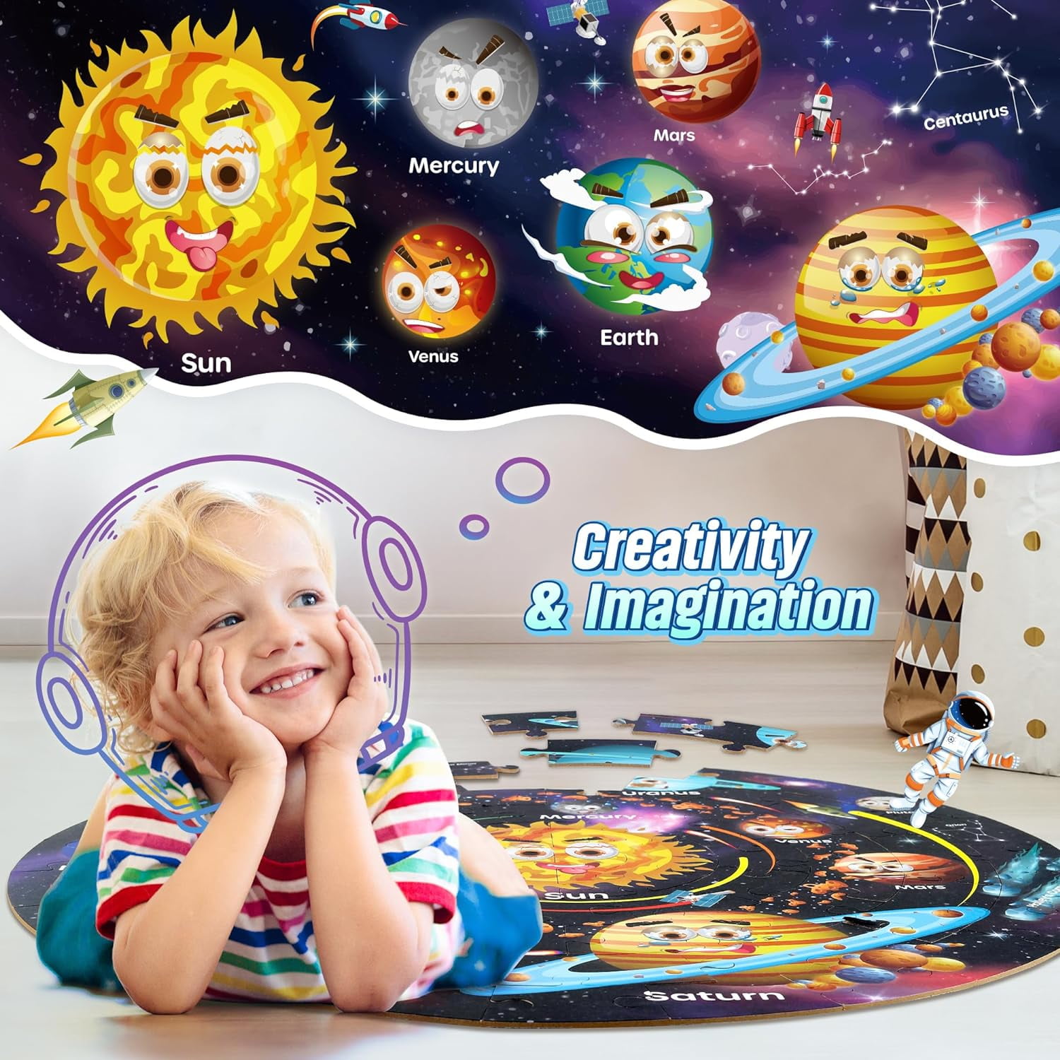 SYNARRY Solar System Floor Puzzle for Kids Age 3-8, 70-Piece Large Wooden Jigsaw Puzzle Set, FSC Certified Educational Puzzles