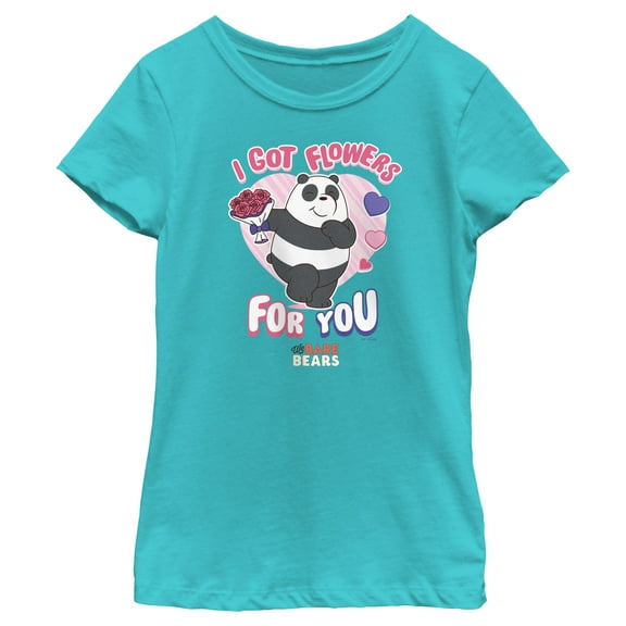 Girl's We Bare Bears Valentine's Day Panda I Got Flowers For You Graphic Tee Tahiti Blue X Small