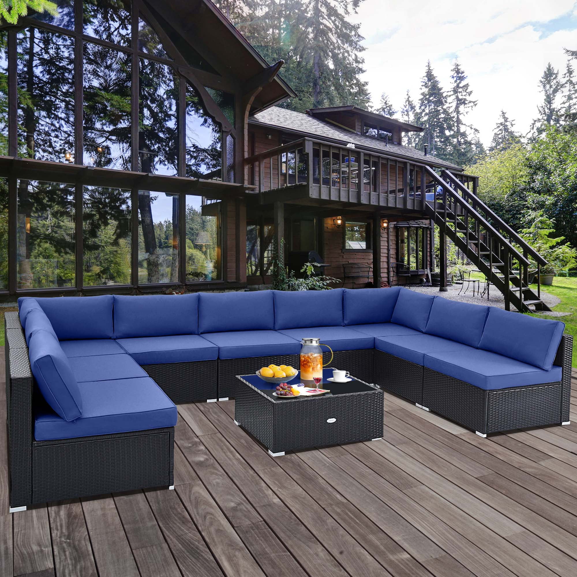 Costway 10 PCS Patio Rattan Furniture Set Outdoor Wicker Sofa Table Cushioned Seat Navy