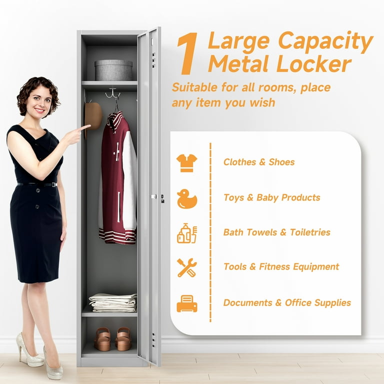 71 inch Metal Locker Metal Lockers for Employees Locker Storage Cabinet with Lock for Gym School Home and Office 1 Door GRAY