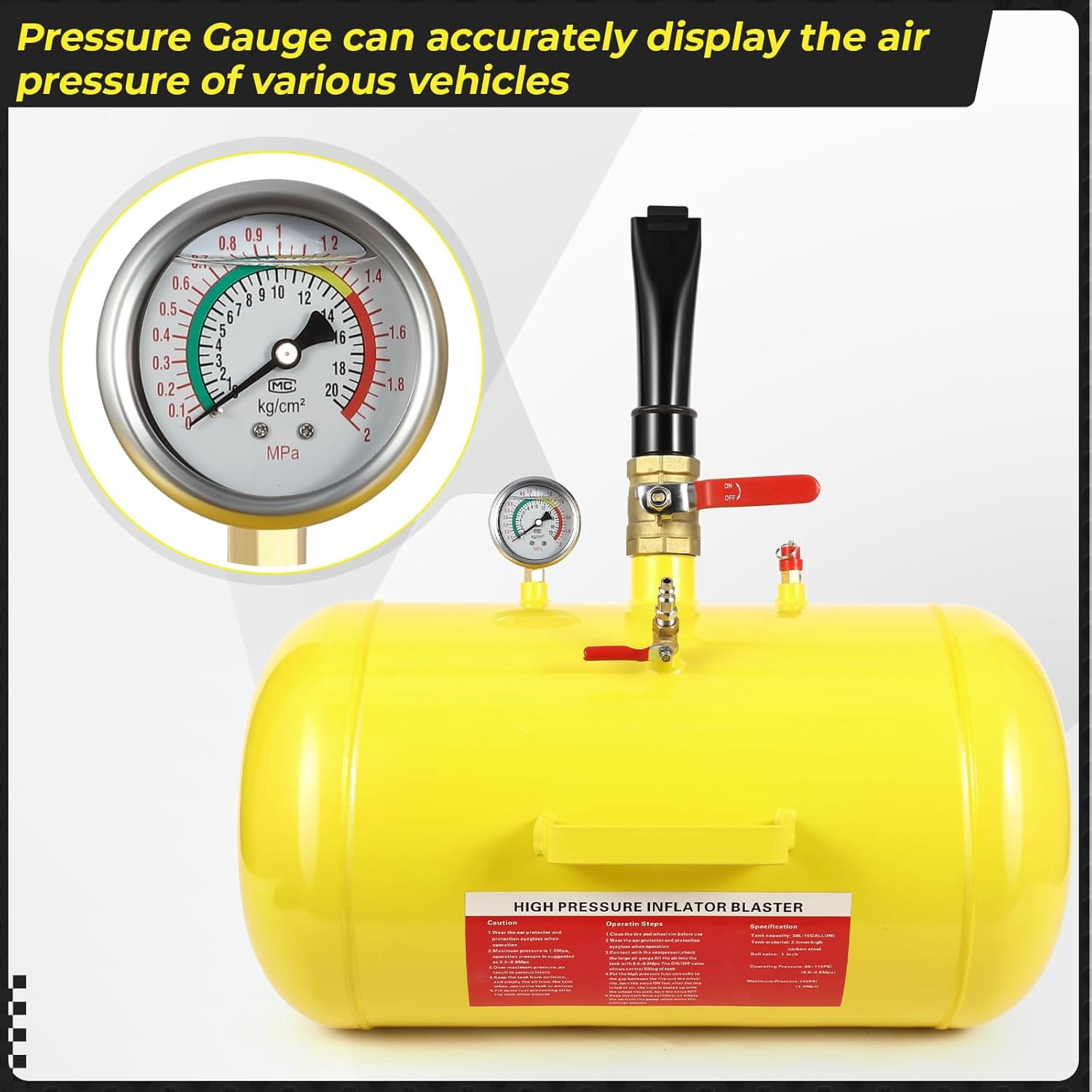 10 Gallon Air Tire Bead Seater 145PSI Blaster Tool Seating Inflator  with Pressure Gauge & Handle for Car Truck ATV Tank