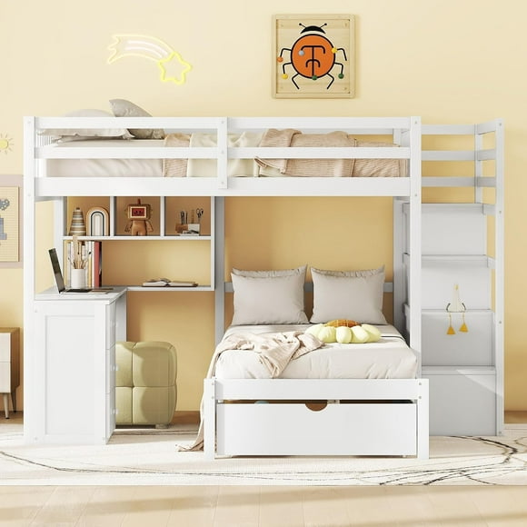 Full Over Twin Bunk Bed with Stairs & Desk, Solid Wood Loft Bed with Storage Shelves and Drawers, Stairway Bunk Beds with Desk and Storage for Kids Teens Adults, White
