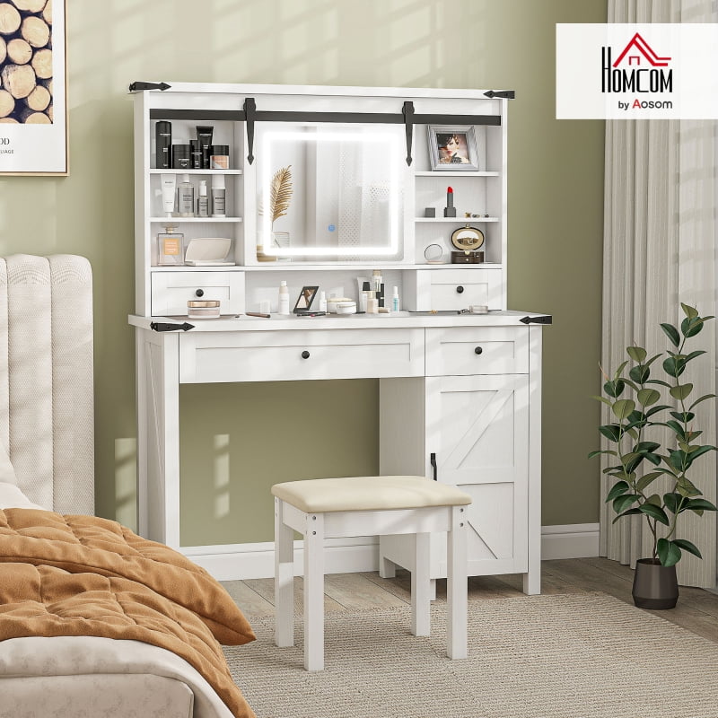 HOQBN Vanity Desk Set with Mirror and Lights, Cushioned Stool, Storage Drawer, Cabinet, and Shelves for Bedroom, White