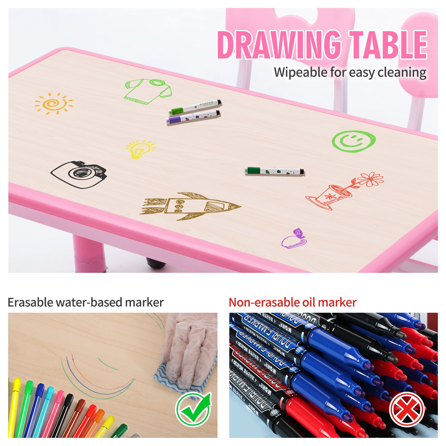 UNICOO Kids Table and Chairs Set, Height Adjustable Multi-Activity Preschool Table with Graffiti Desktop for Ages 2-8 - Versatile Kids Tables for Play, Learning, and Creativity(Maple Top/Pink Border)