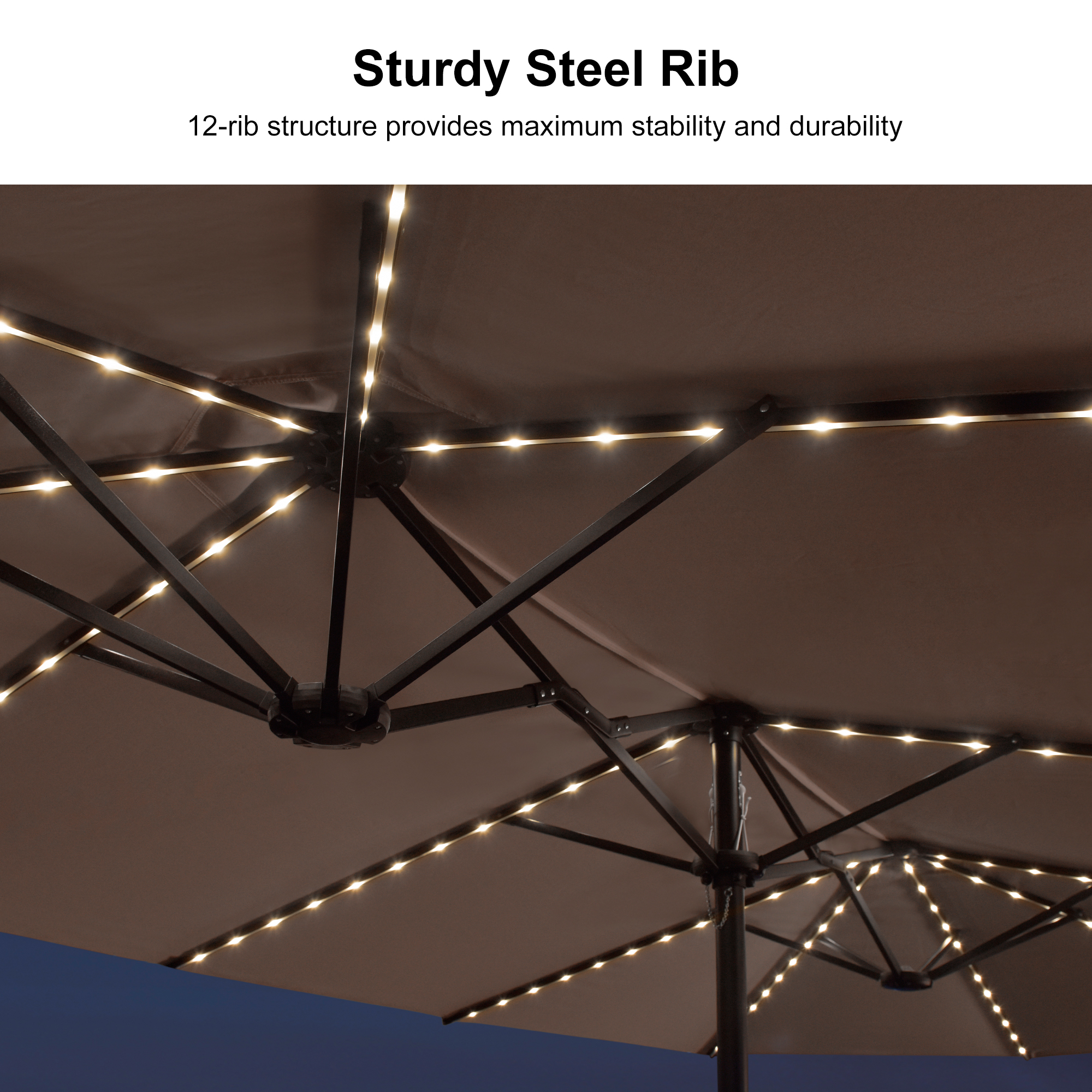PURPLE LEAF 13ft Market Patio Umbrella with Solar LED and Base Double-Sided Sun Umbrellas for Pool Beach Deck Backyard Taupe