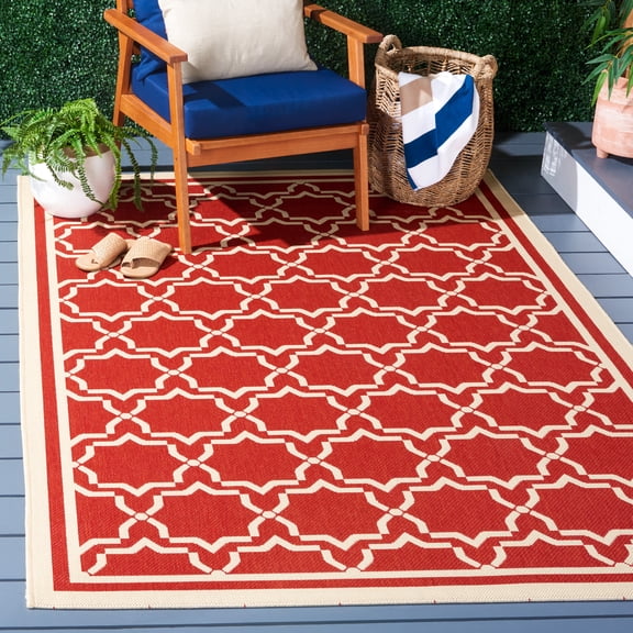 SAFAVIEH Courtyard Allison Geometric Bordered Indoor/Outdoor Area Rug, 5'3" x 7'7", Red/Bone