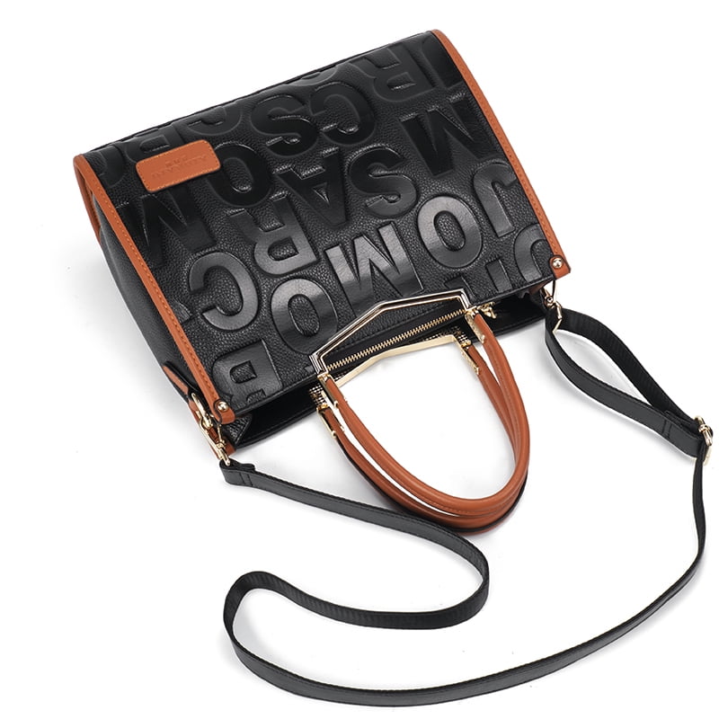 Genuine leather, letter-patterned tote handbag with cross-body strap, large capacity storage bag, wallet, purse
