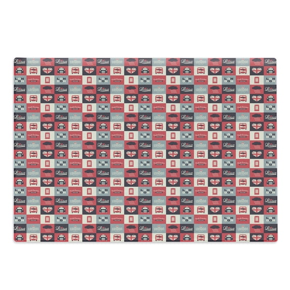 London Cutting Board, Retro Traditional London in Squares United Kingdom Europe Travel Vacation, Decorative Tempered Glass Cutting and Serving Board, Large Size, Multicolor, by Ambesonne