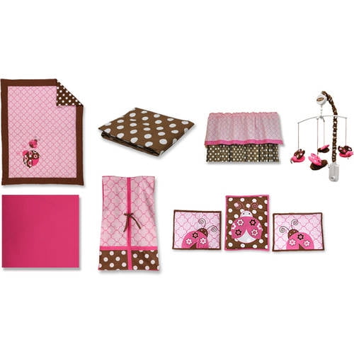 Bacati 10-Piece Ladybug Pink and Chocolate Bed Blanket Set