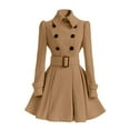 thumbnail image 4 of Women's Wool Blend Coat, Double Breasted Lapel Trench Coat, Slim Fit Belted Waist Jacket, Mid-Length Winter Work Coat, Casual Dressy Coat Khaki L, 4 of 4