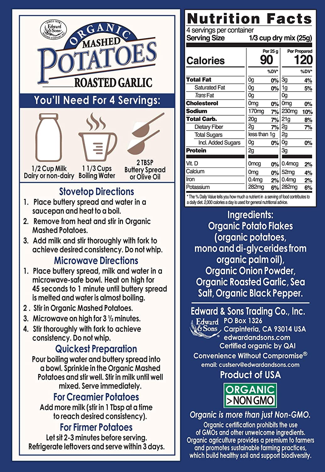 Edward & Sons, Organic Mashed Potatoes, Roasted Garlic, 3.5 oz (100 g)(Case of 6)