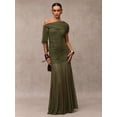 thumbnail image 4 of Green One-Shoulder Ruched Maxi Dress Formal Evening Gown, 4 of 30