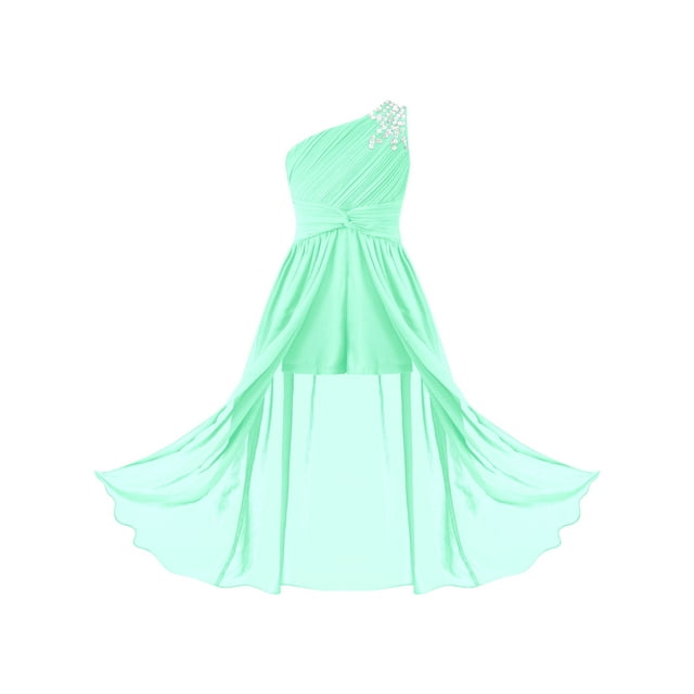 Jowowha Robe de Demoiselle d'Honneur à une Épaule pour Enfants, Robe de Fête de Mariage en Chiffon Vert Menthe 8