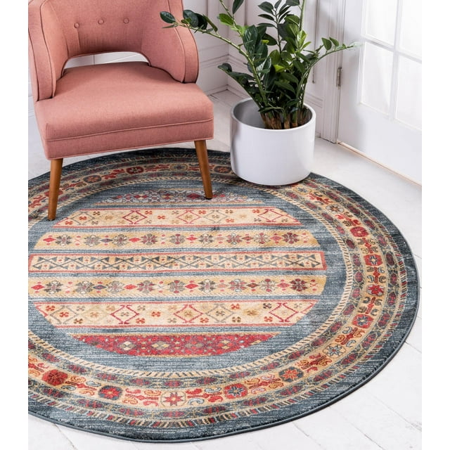 Unique Loom Fars Collection Design d'Inspiration Tribale Classique Moderne avec Tapis de Zone Frontalière, (Round 6' 1" x 6' 1", Bleu/ Bleu Clair)