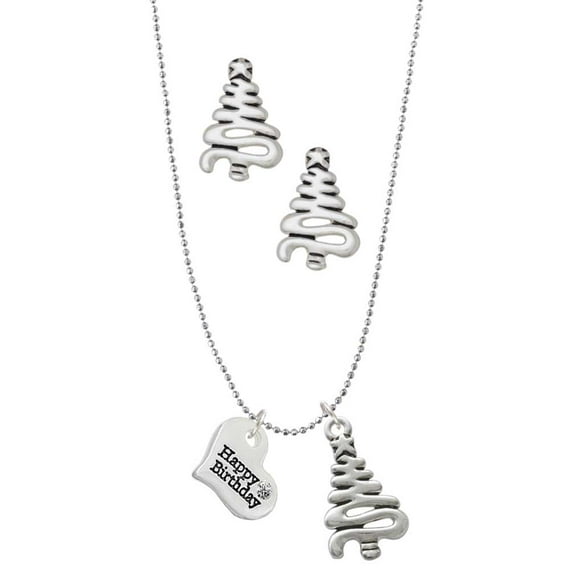 Delight Jewelry Silvertone Small Happy Birthday Heart Silver tone Zig Zag Christmas Tree Charm Necklace and Stud Earrings