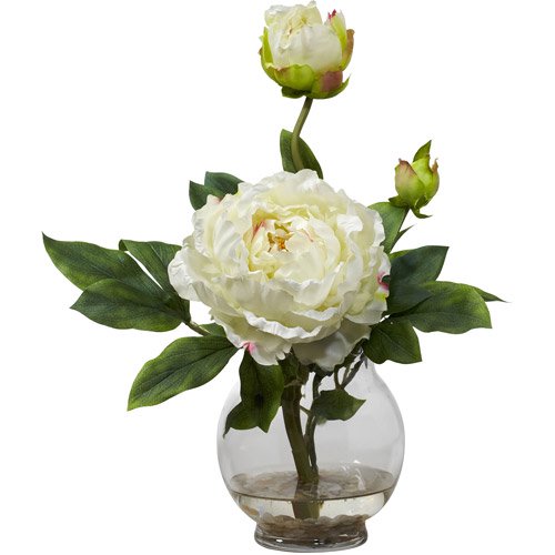 Nearly Natural Peony Silk Flower Arrangement with Fluted Vase, White